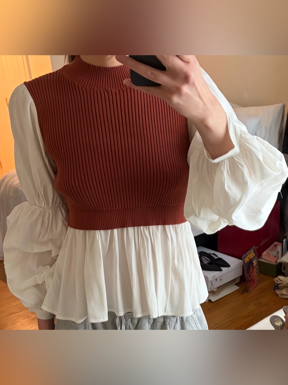 English Factory Rust Brown Ribbed Knit Peplum Blouse with White Puff Sleeves